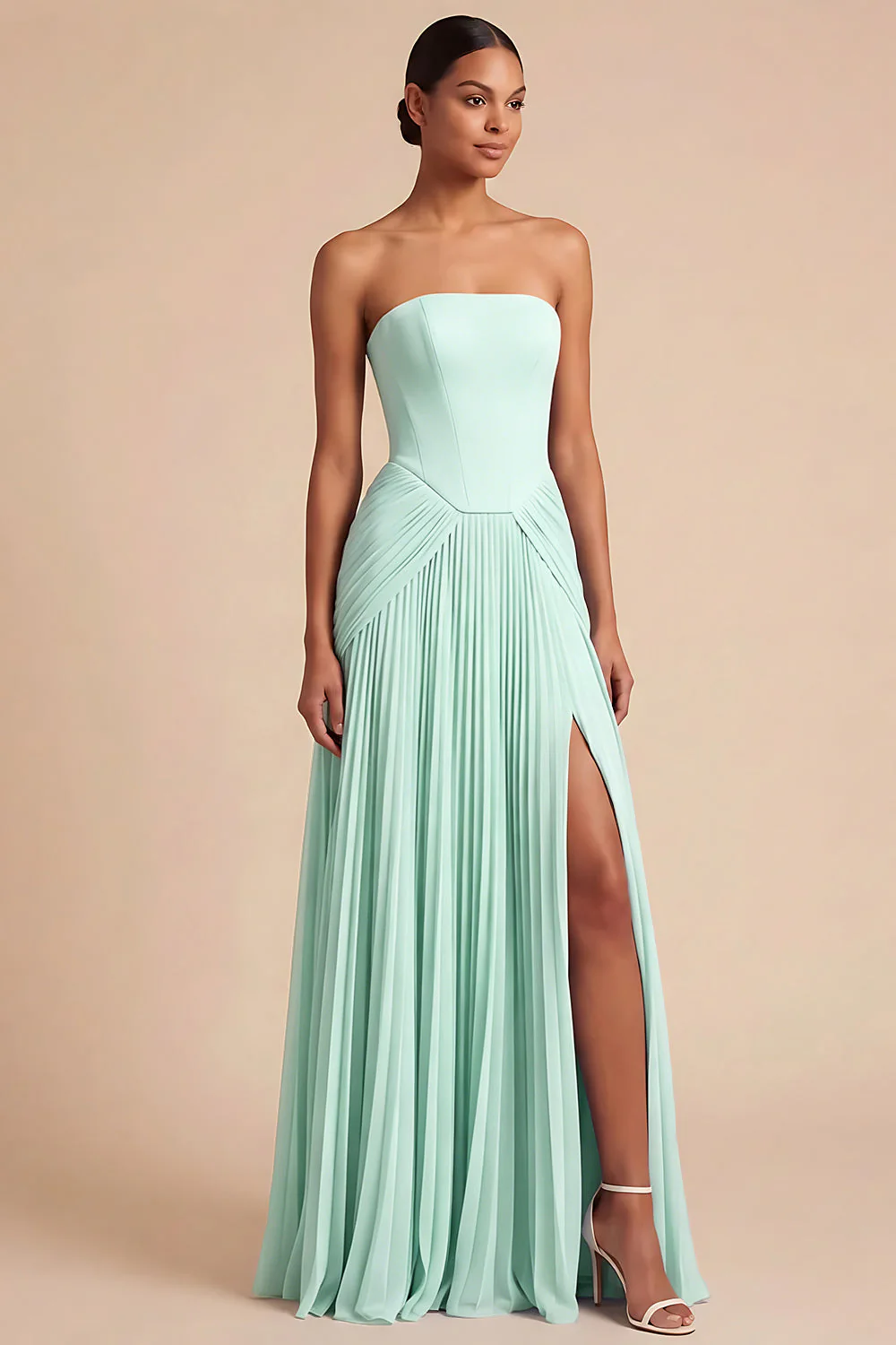 Robe de demoiselle d’honneur bleu clair plissée longue ligne avec fente - Image 13