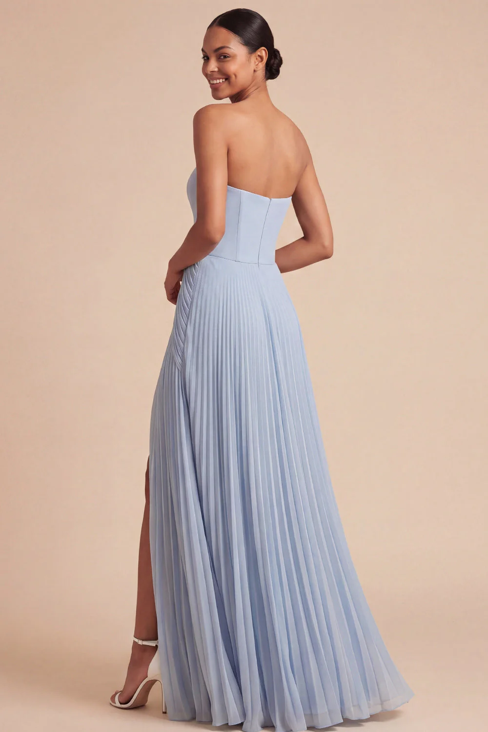 Robe de demoiselle d’honneur bleu clair plissée longue ligne avec fente - Image 2