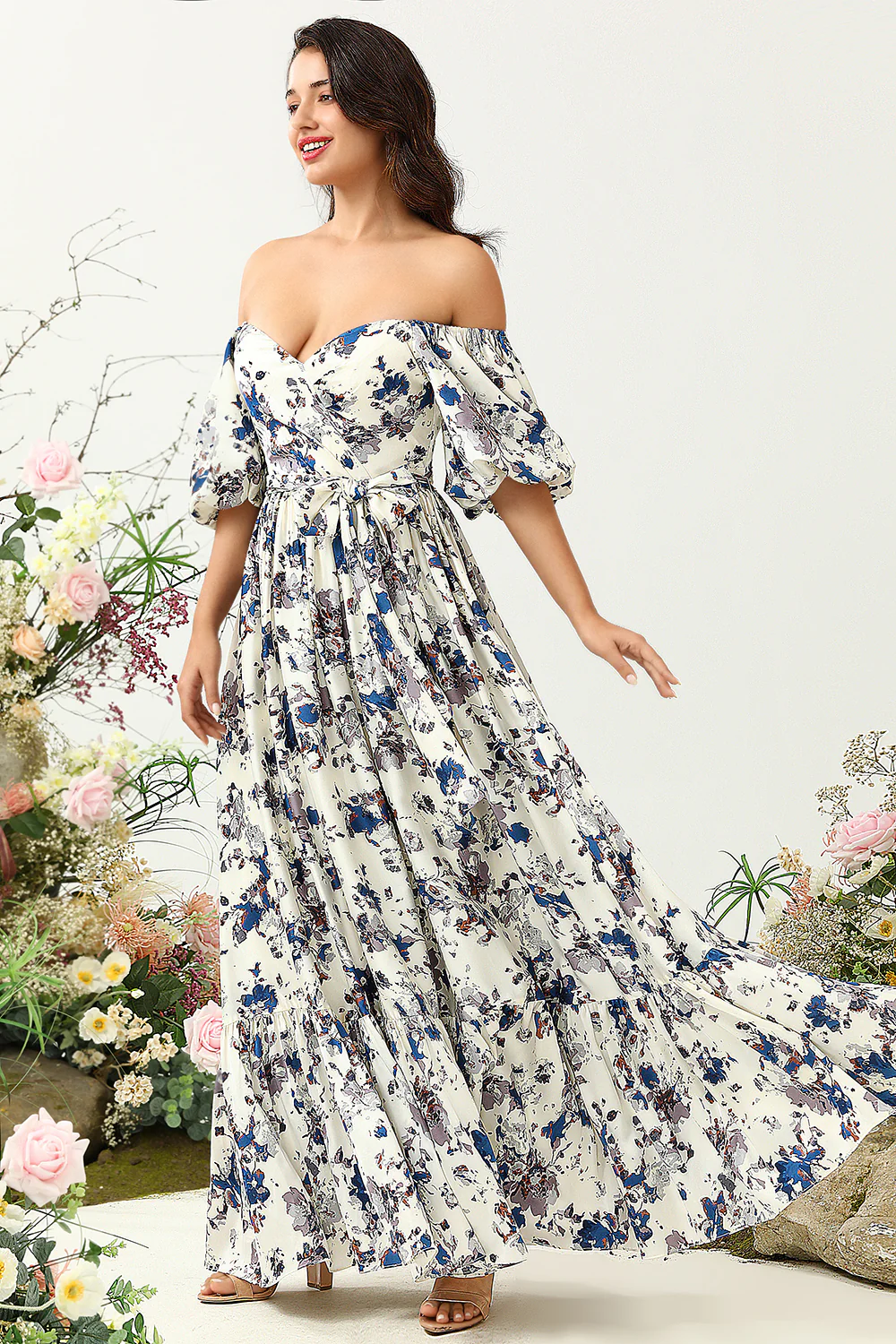 Robe de demoiselle d’honneur Boho à fleur bleue blanche - Image 5