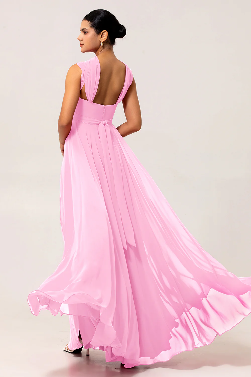 Robe de demoiselle d'honneur convertible en mousseline de soie fuchsia ligne A avec fente - Image 10