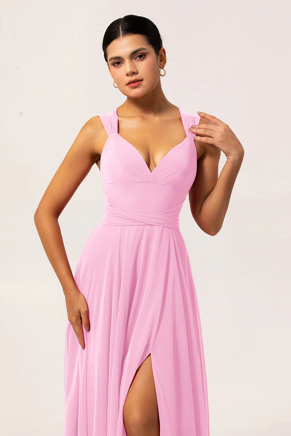 Robe de demoiselle d'honneur convertible en mousseline de soie fuchsia ligne A avec fente - Image 14