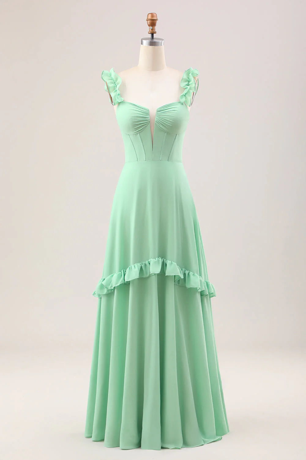 Robe de demoiselle d’honneur corset à épaules dénudées verte A Line avec volants