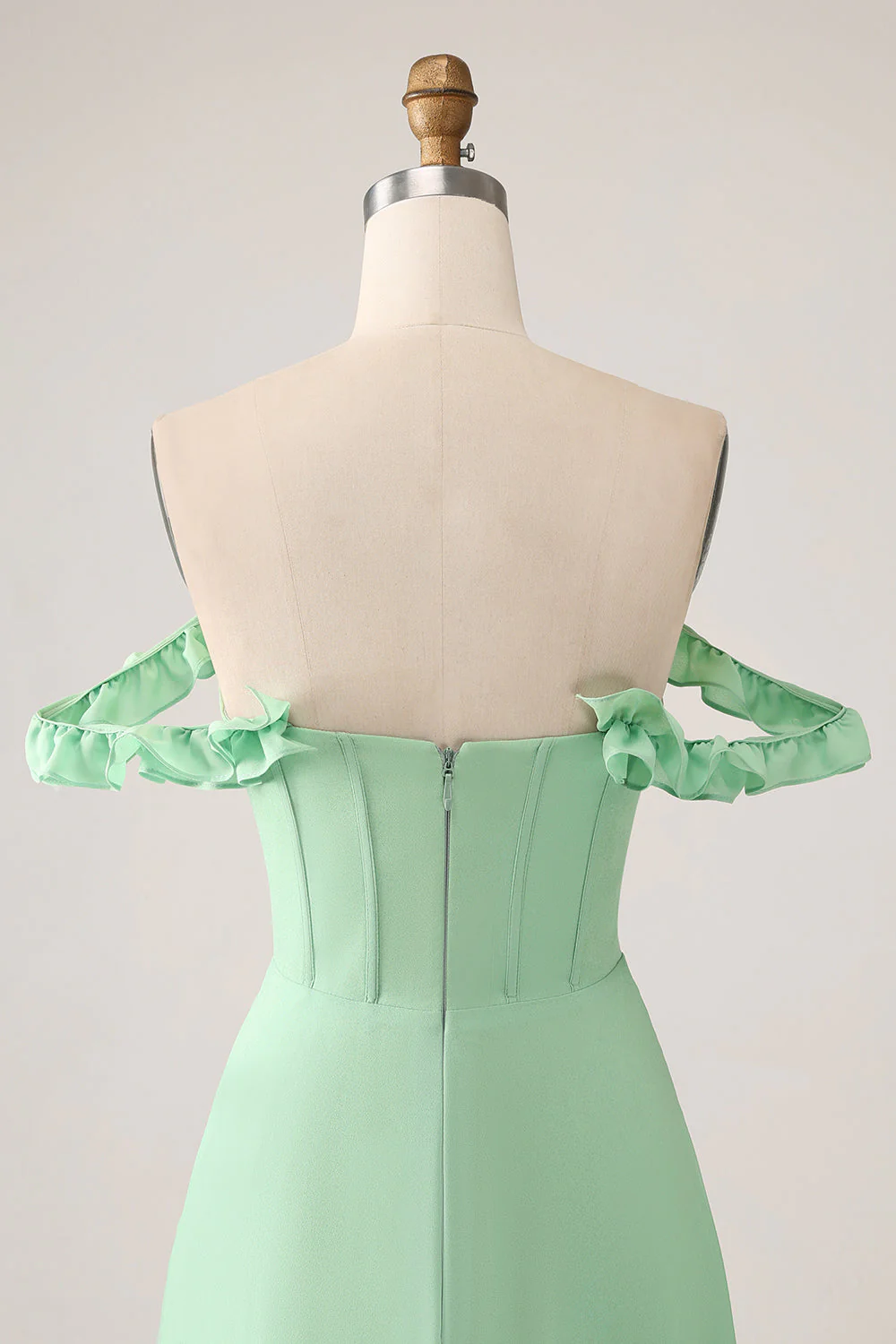 Robe de demoiselle d’honneur corset à épaules dénudées verte A Line avec volants - Image 10