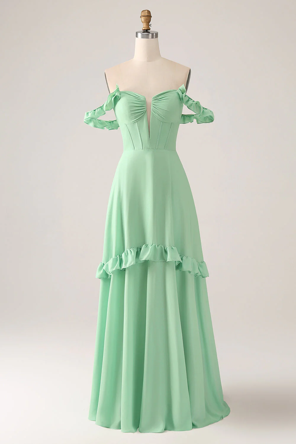 Robe de demoiselle d’honneur corset à épaules dénudées verte A Line avec volants - Image 4