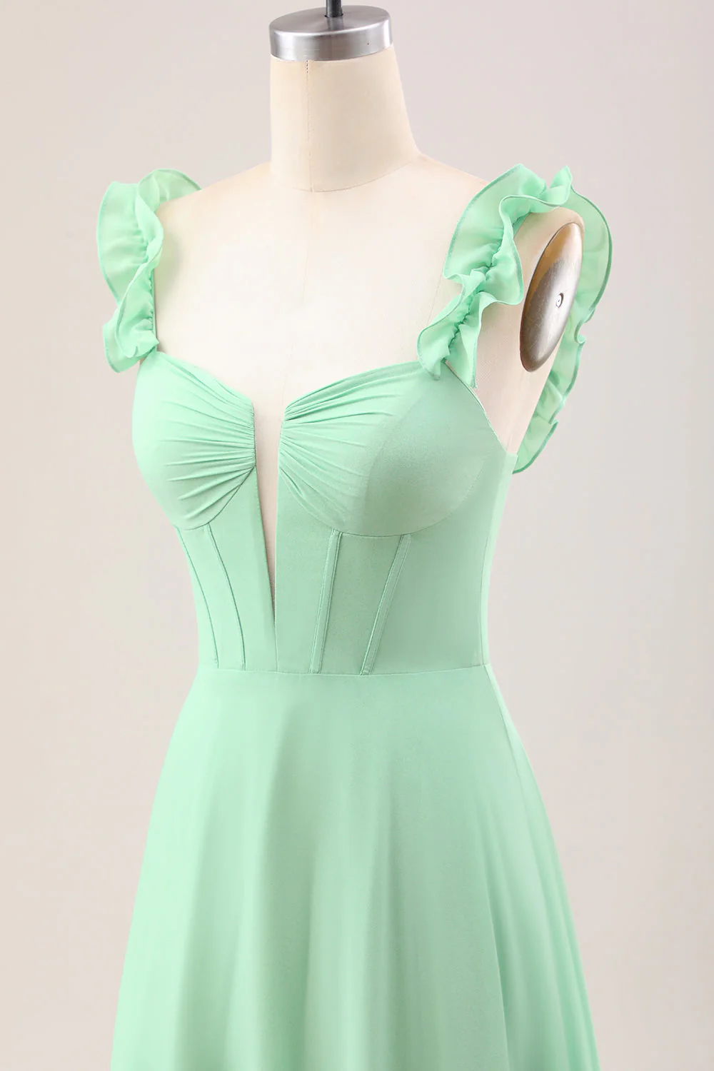 Robe de demoiselle d’honneur corset à épaules dénudées verte A Line avec volants - Image 8
