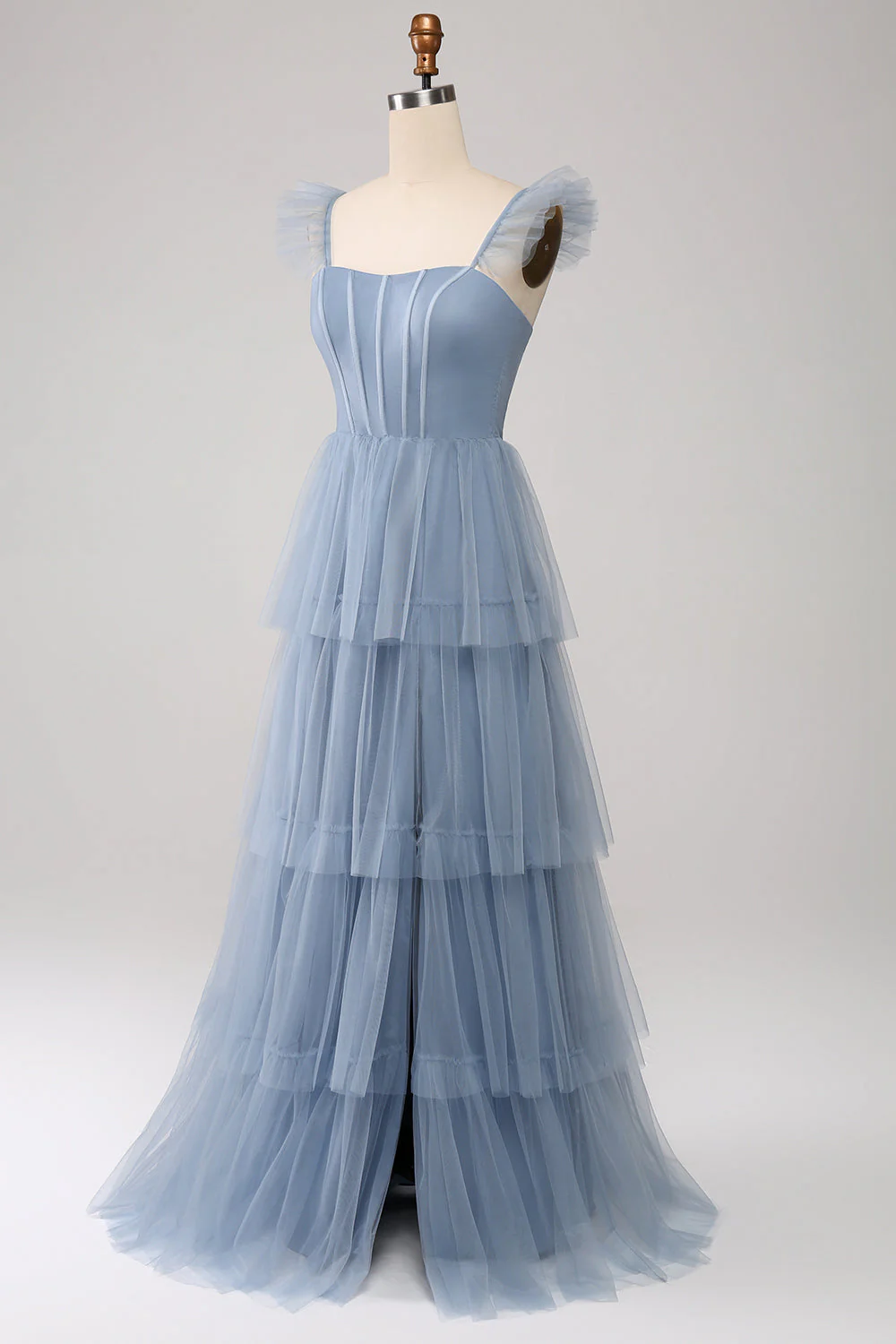 Robe de demoiselle d’honneur corset en tulle bleu poussiéreux à plusieurs niveaux avec fente - Image 3