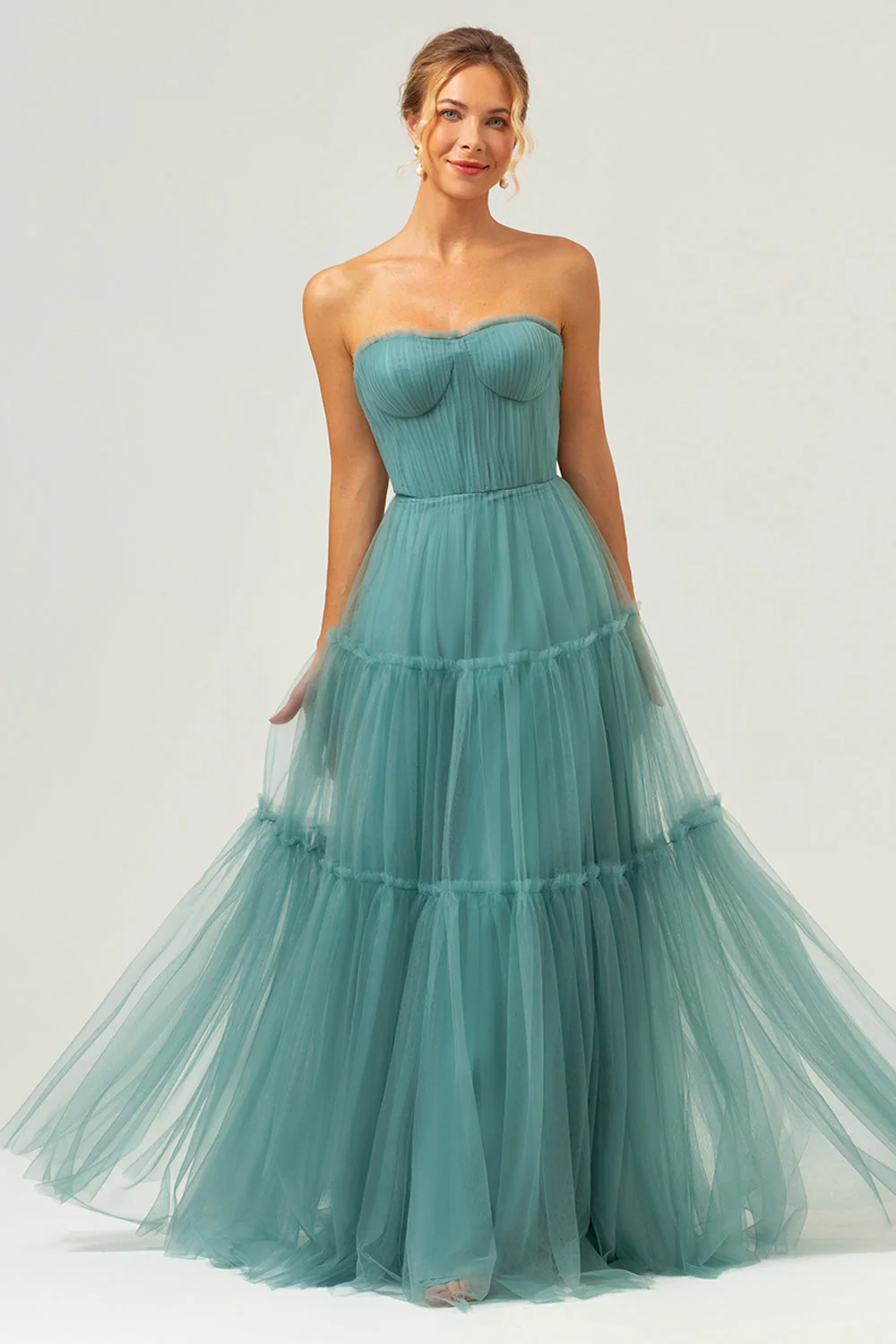 Robe de demoiselle d’honneur corset trapèze sans bretelles en tulle eucalyptus - Image 3