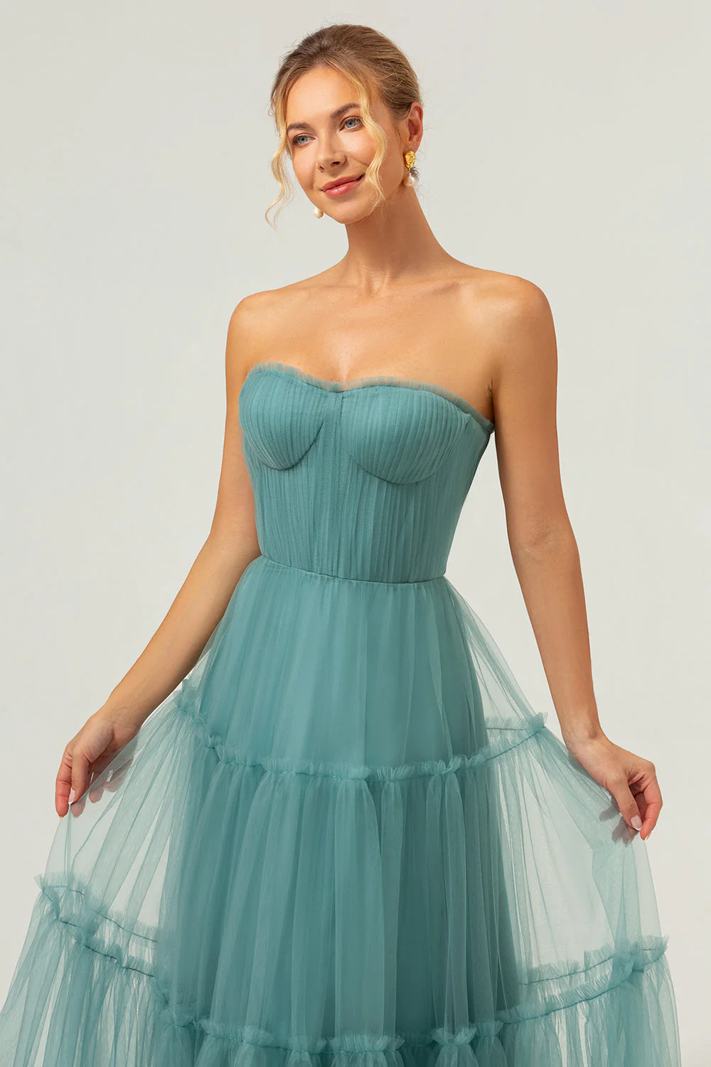 Robe de demoiselle d’honneur corset trapèze sans bretelles en tulle eucalyptus - Image 6