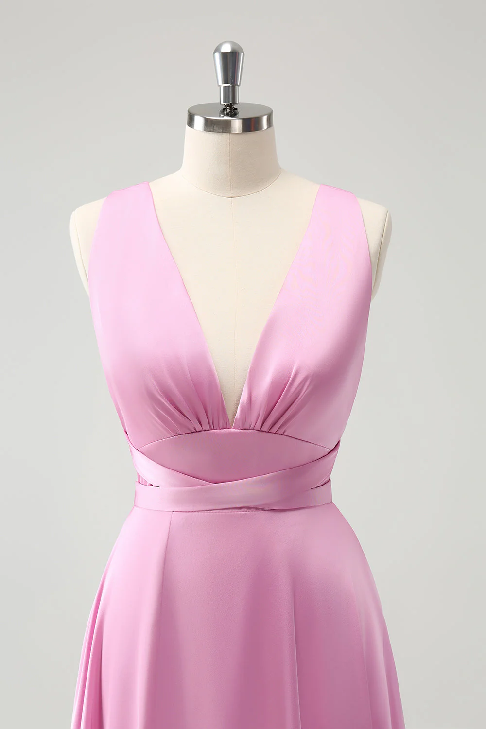 Robe de demoiselle d’honneur dos nu à col en V rose A Line avec fente - Image 4