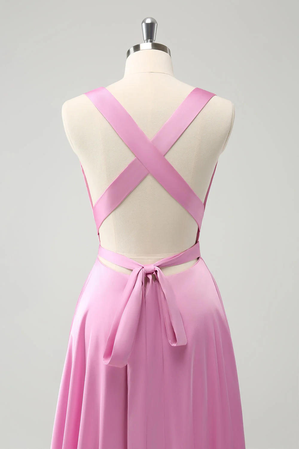 Robe de demoiselle d’honneur dos nu à col en V rose A Line avec fente - Image 5