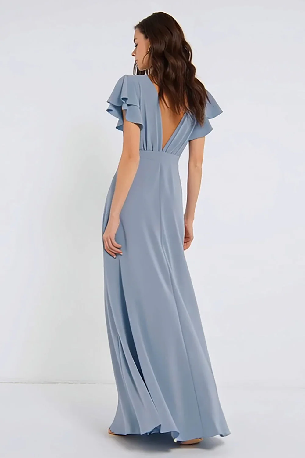 Robe de demoiselle d’honneur en chiffon bleu poussiéreux à col en V avec longues manches flottantes - Image 2