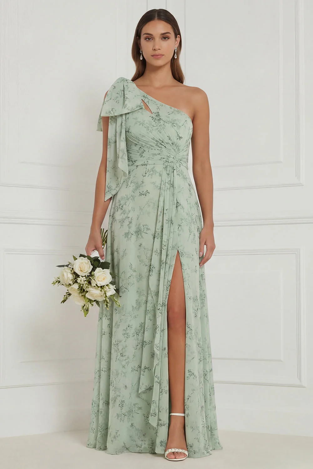 Robe de demoiselle d’honneur en ligne fleurie Sage poussiéreuse avec une épaule et une épaule