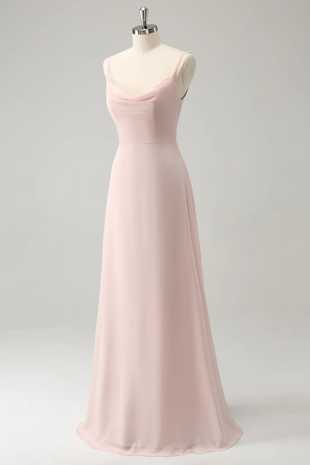 Robe de demoiselle d’honneur en mousseline de soie à bretelles spaghetti rose - Image 3