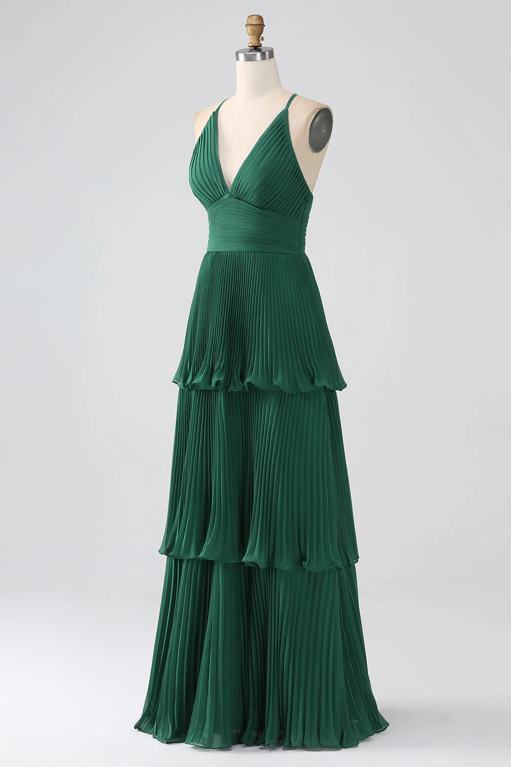 Robe de demoiselle d’honneur en mousseline de soie à plusieurs niveaux vert foncé avec plissée - Image 3