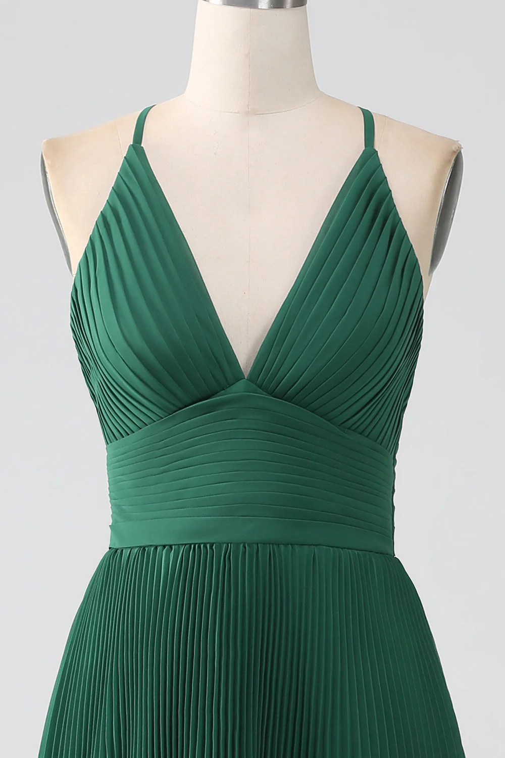 Robe de demoiselle d’honneur en mousseline de soie à plusieurs niveaux vert foncé avec plissée - Image 4