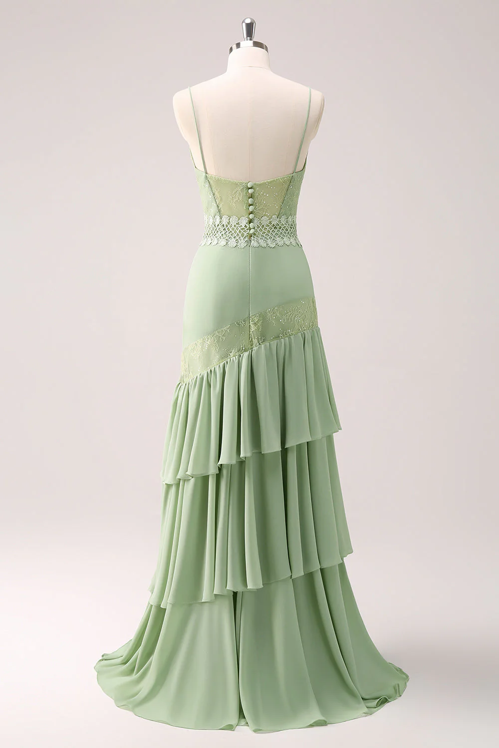 Robe de demoiselle d’honneur en mousseline de soie à volants floral vert avec dentelle - Image 2