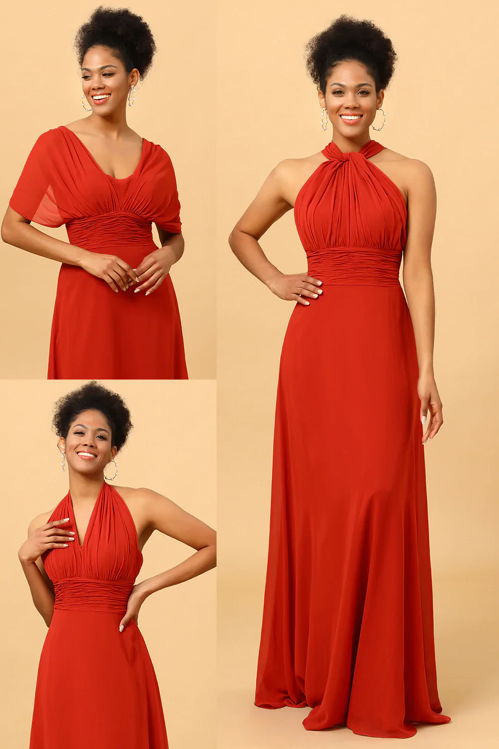 Robe de demoiselle d’honneur en mousseline de soie convertible rouge rouille - Image 3