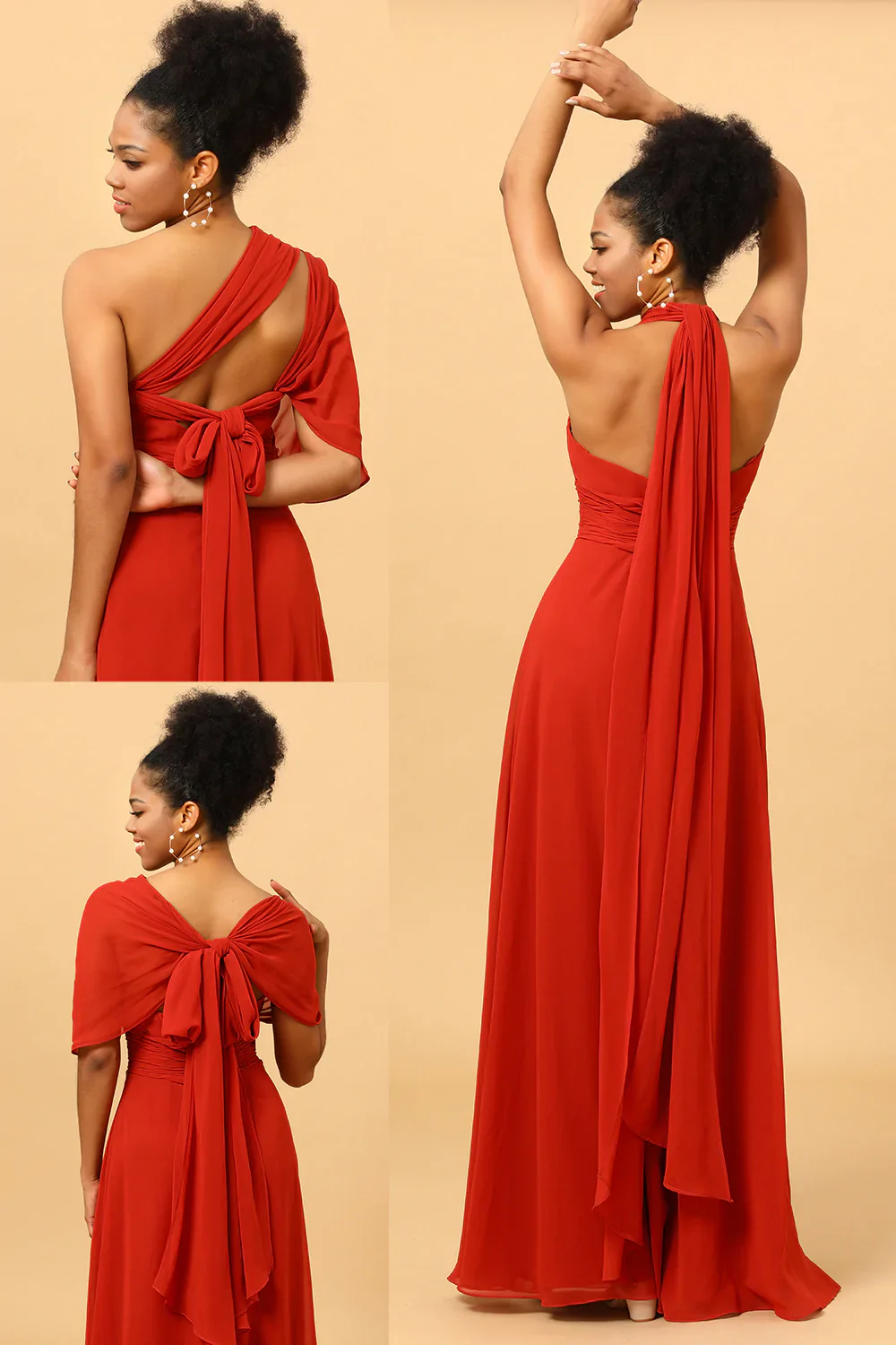Robe de demoiselle d’honneur en mousseline de soie convertible rouge rouille - Image 4