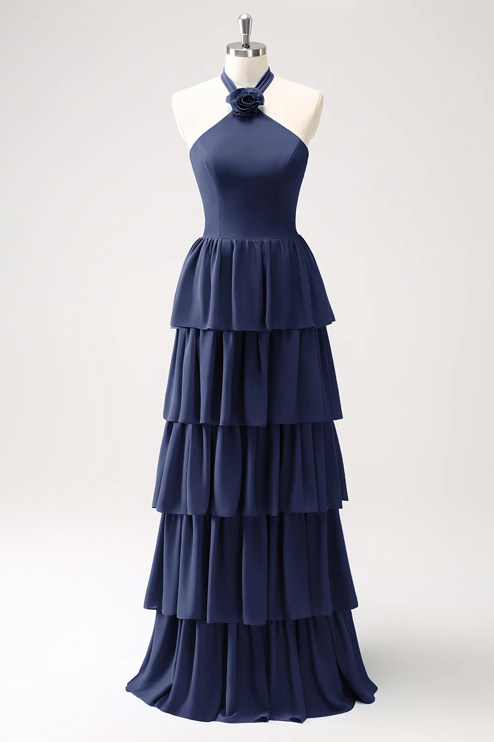 Robe de demoiselle d’honneur en mousseline de soie Paon à plusieurs niveaux avec fleur - Image 11
