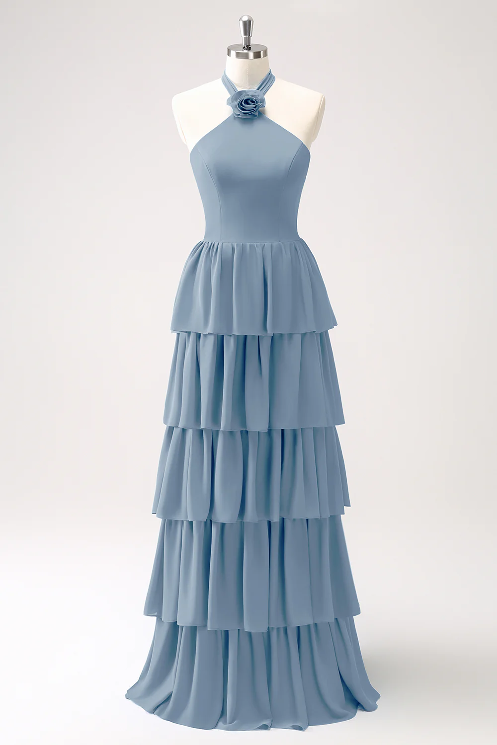 Robe de demoiselle d’honneur en mousseline de soie Paon à plusieurs niveaux avec fleur - Image 13