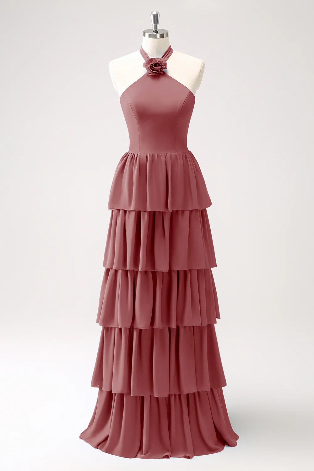 Robe de demoiselle d’honneur en mousseline de soie Paon à plusieurs niveaux avec fleur - Image 15