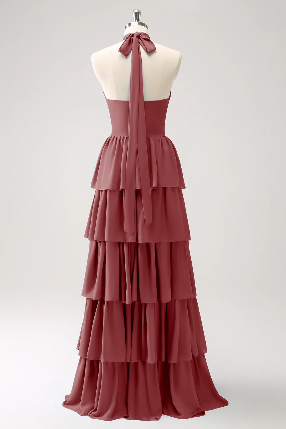 Robe de demoiselle d’honneur en mousseline de soie Paon à plusieurs niveaux avec fleur - Image 16