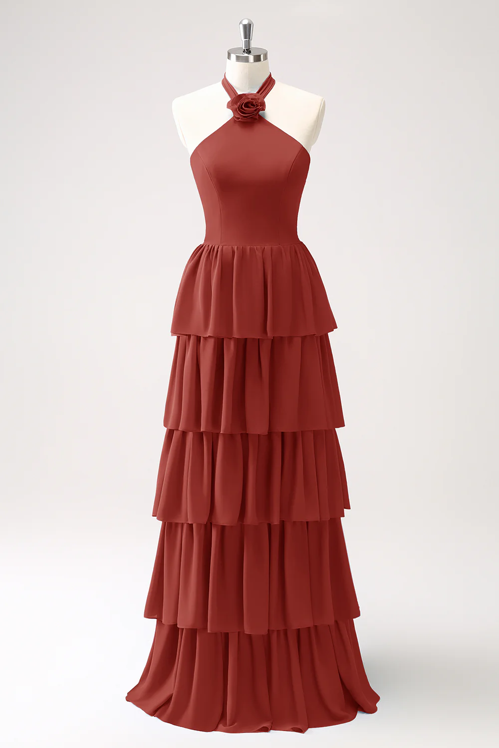 Robe de demoiselle d’honneur en mousseline de soie Paon à plusieurs niveaux avec fleur - Image 17