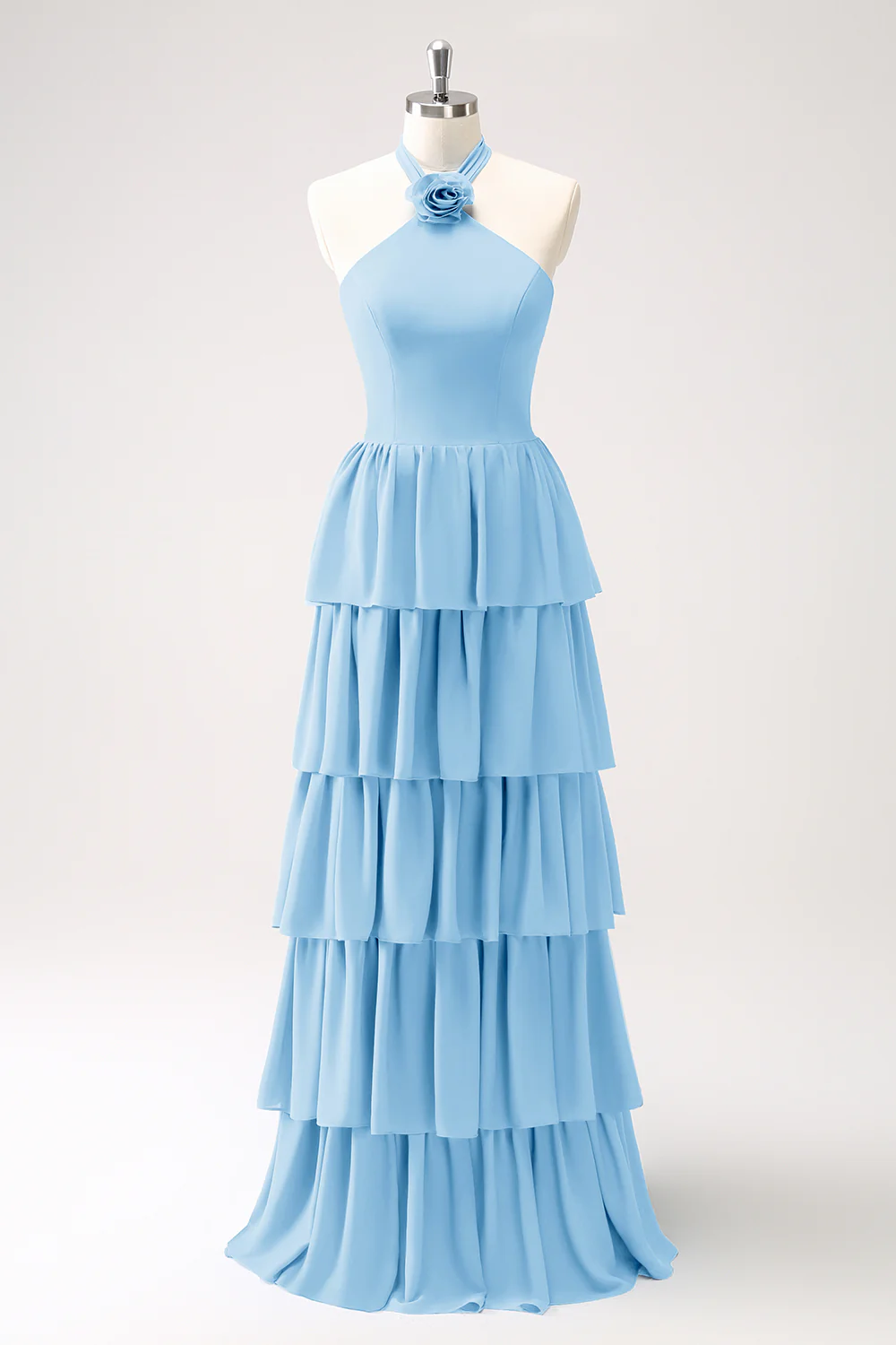 Robe de demoiselle d’honneur en mousseline de soie Paon à plusieurs niveaux avec fleur - Image 19