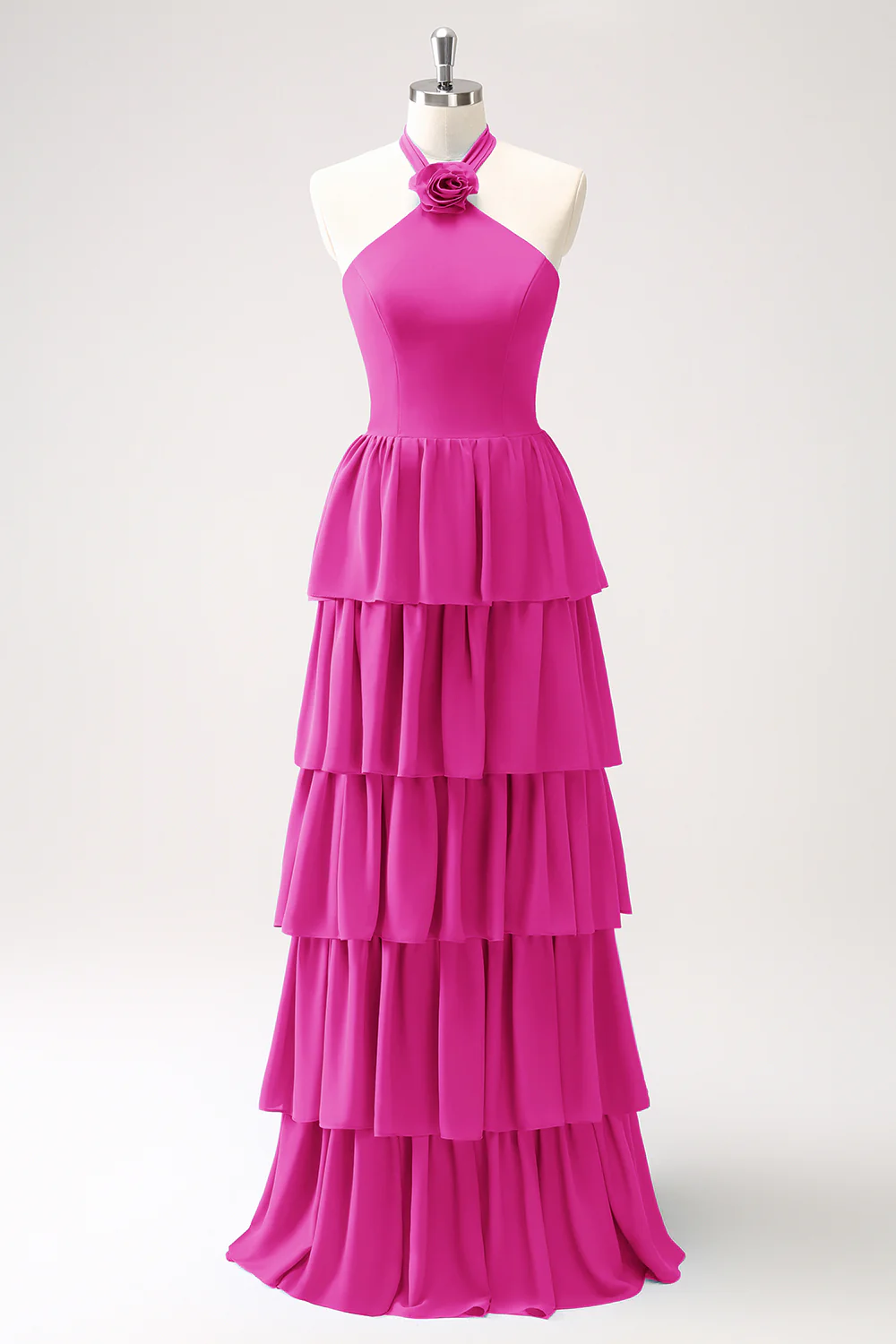 Robe de demoiselle d’honneur en mousseline de soie Paon à plusieurs niveaux avec fleur - Image 21