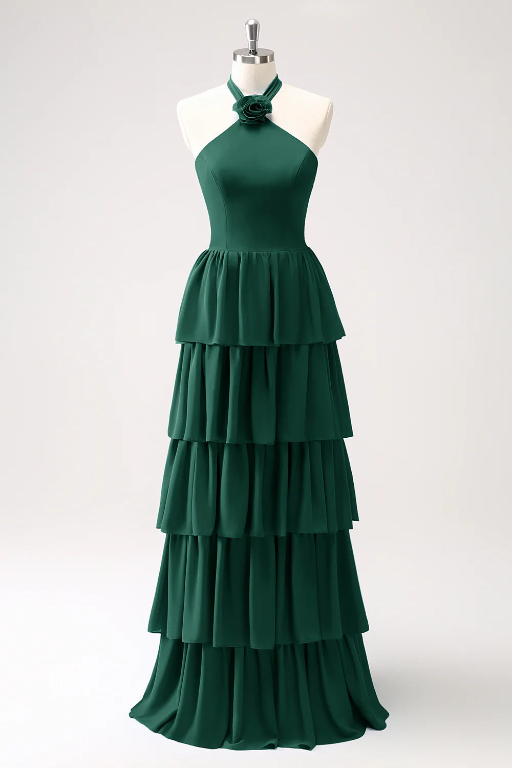 Robe de demoiselle d’honneur en mousseline de soie Paon à plusieurs niveaux avec fleur - Image 3