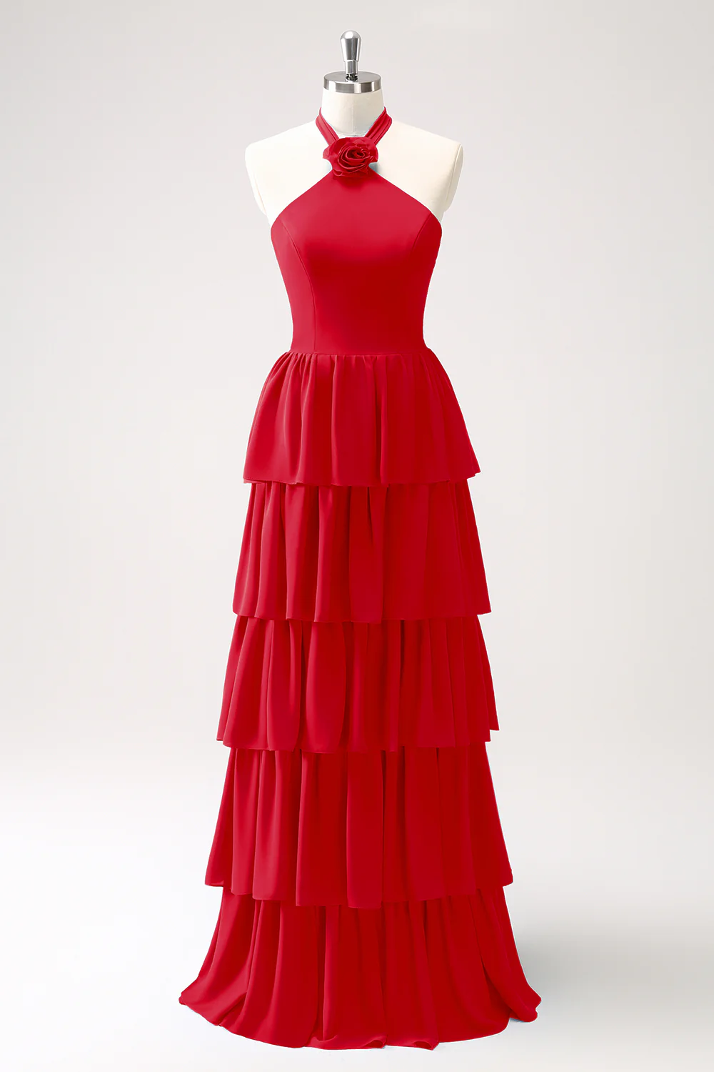 Robe de demoiselle d’honneur en mousseline de soie Paon à plusieurs niveaux avec fleur - Image 5