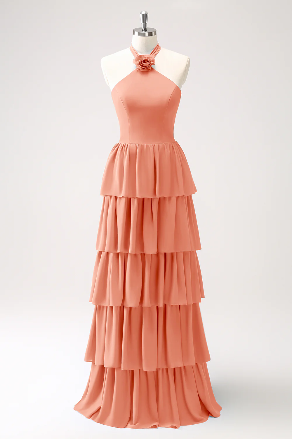 Robe de demoiselle d’honneur en mousseline de soie Paon à plusieurs niveaux avec fleur - Image 7