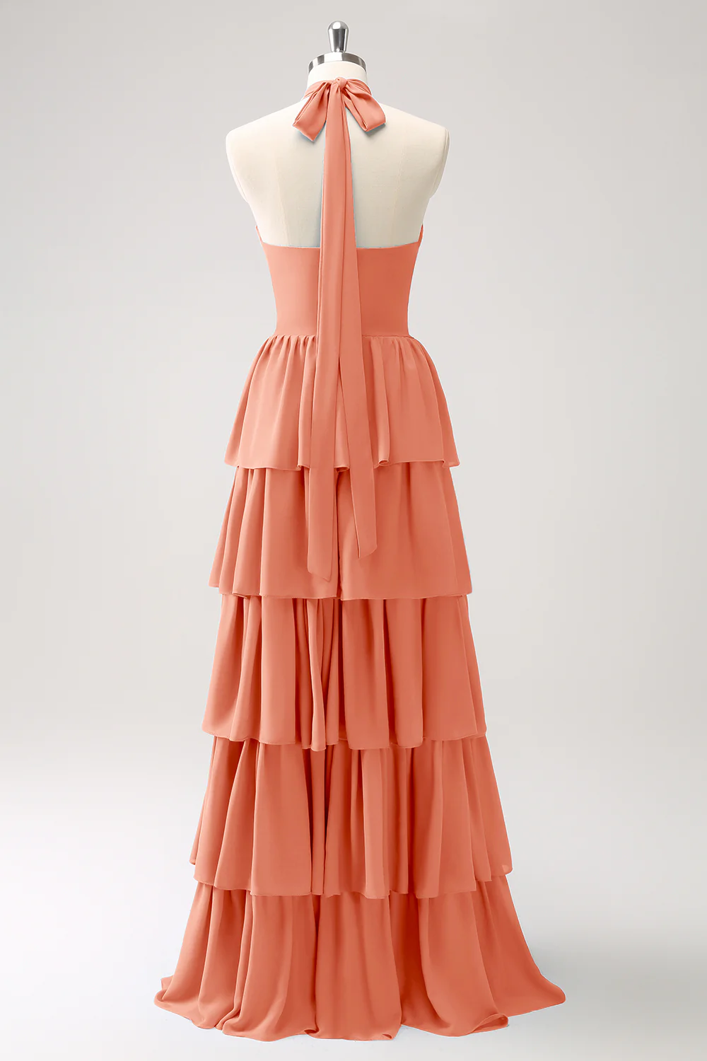 Robe de demoiselle d’honneur en mousseline de soie Paon à plusieurs niveaux avec fleur - Image 8