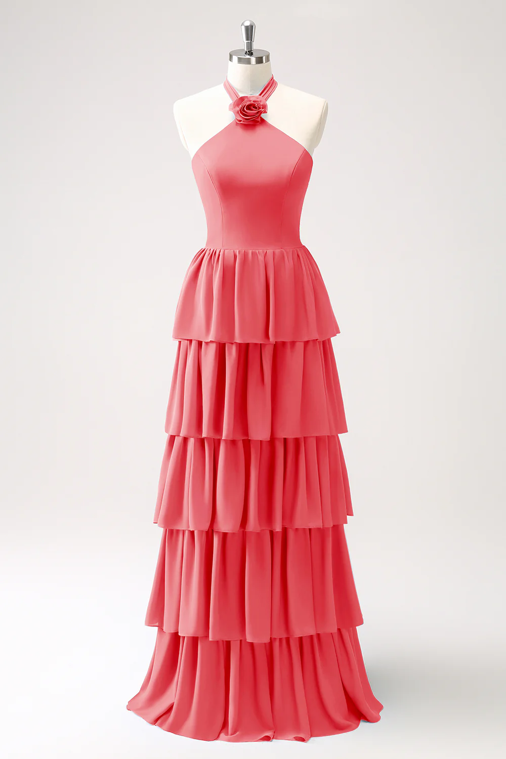 Robe de demoiselle d’honneur en mousseline de soie Paon à plusieurs niveaux avec fleur - Image 9