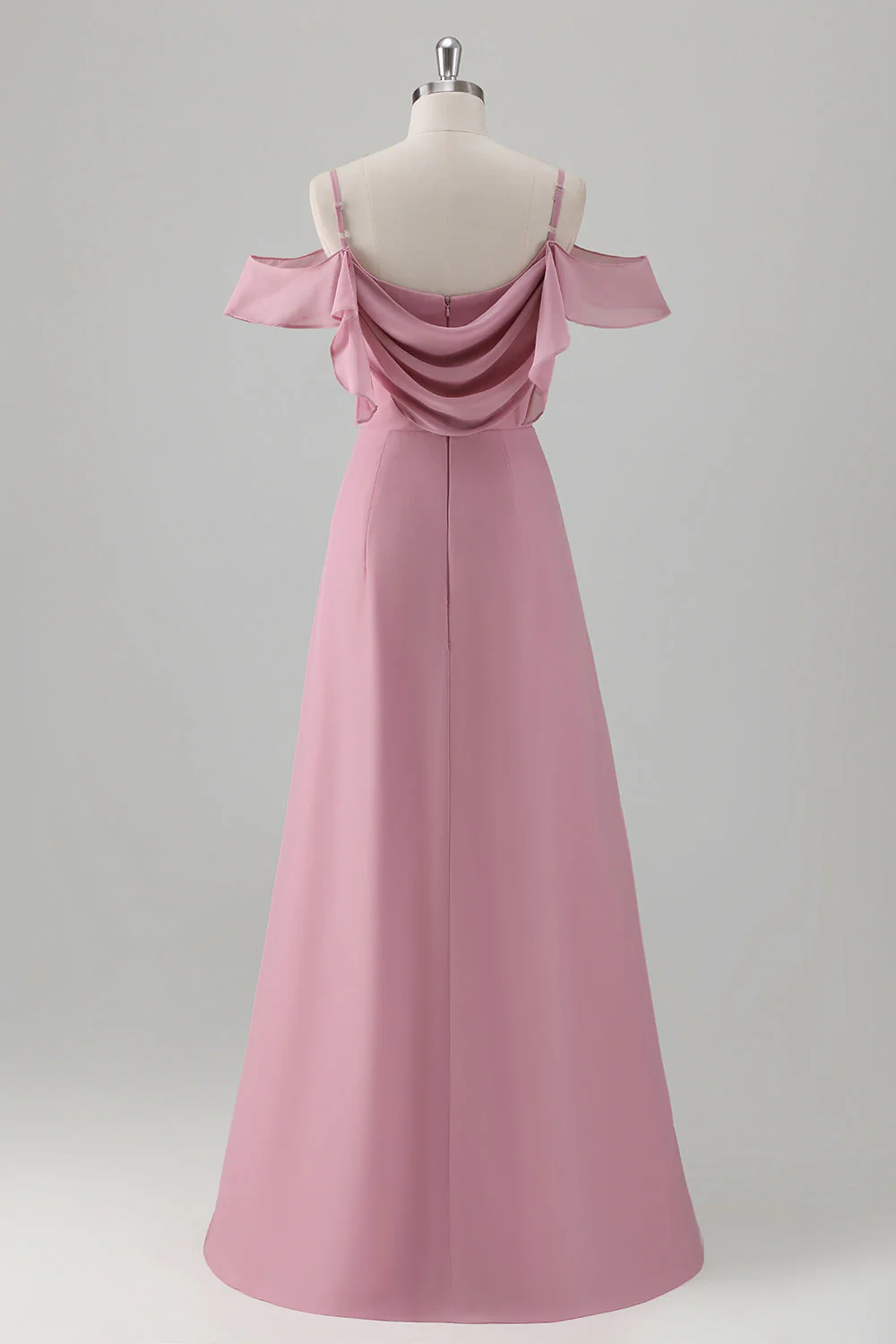 Robe de demoiselle d’honneur en mousseline de soie rose A-ligne à épaules froides avec fente - Image 2