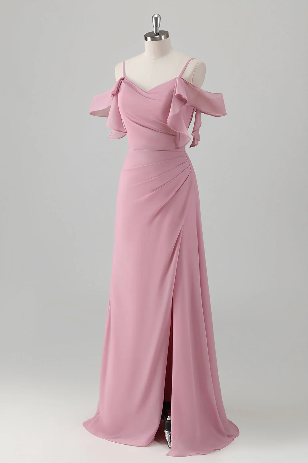 Robe de demoiselle d’honneur en mousseline de soie rose A-ligne à épaules froides avec fente - Image 3