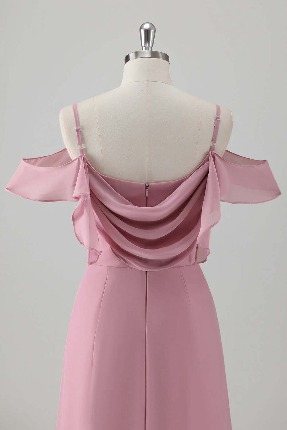 Robe de demoiselle d’honneur en mousseline de soie rose A-ligne à épaules froides avec fente - Image 5