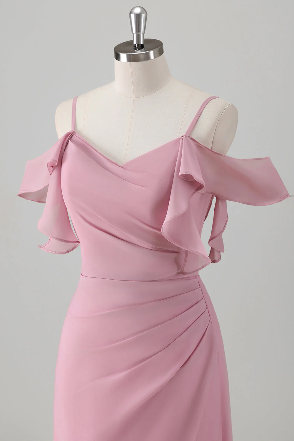 Robe de demoiselle d’honneur en mousseline de soie rose A-ligne à épaules froides avec fente - Image 6