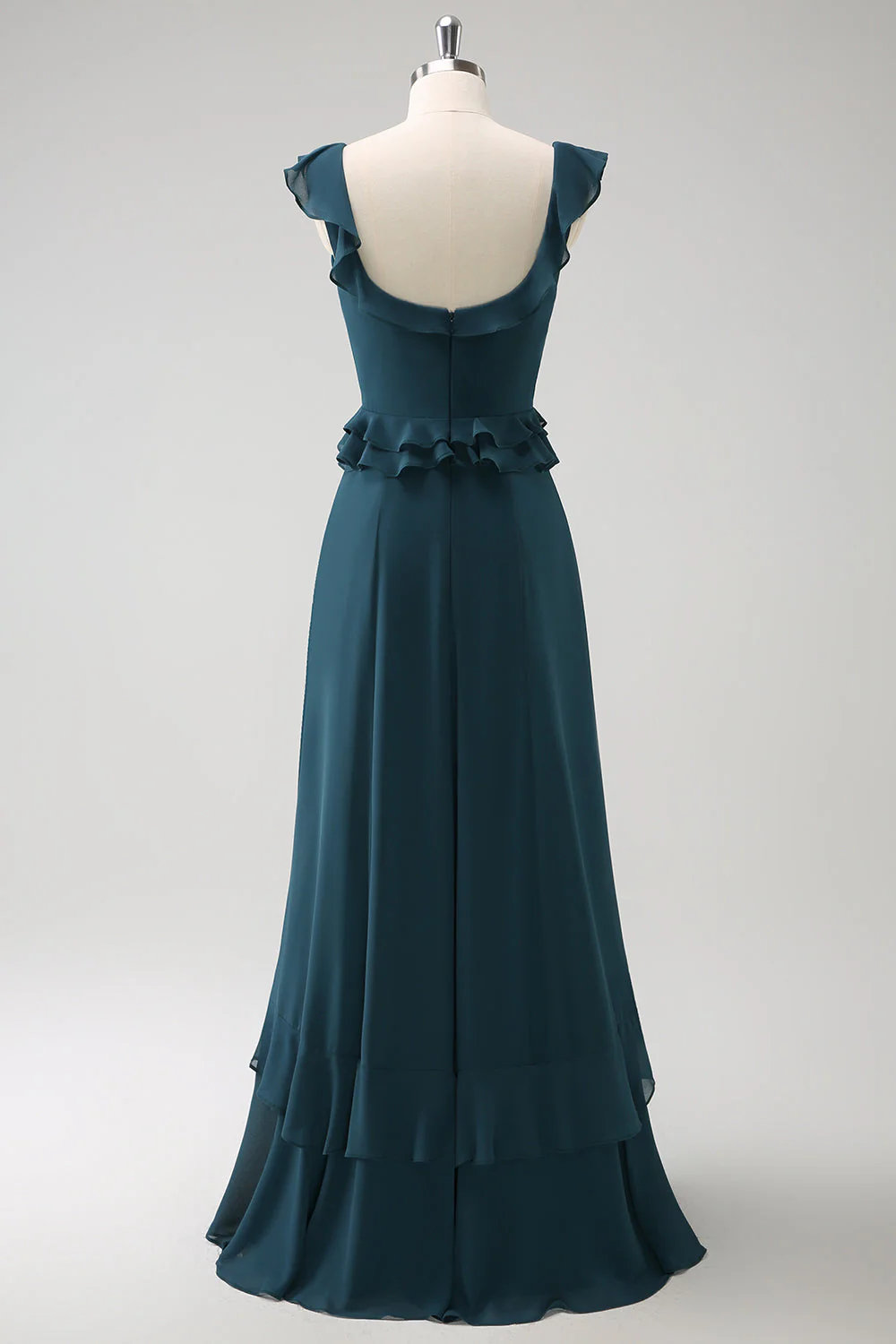 Robe de demoiselle d’honneur en mousseline de soie trapèze vert paon foncé - Image 2