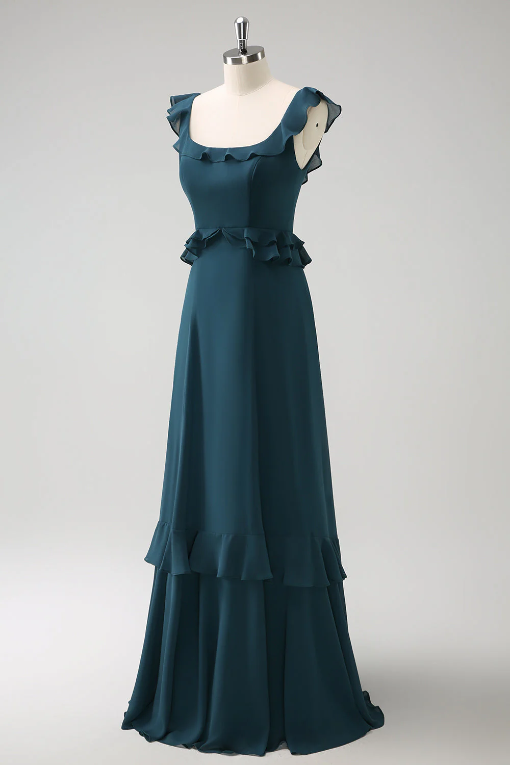 Robe de demoiselle d’honneur en mousseline de soie trapèze vert paon foncé - Image 3