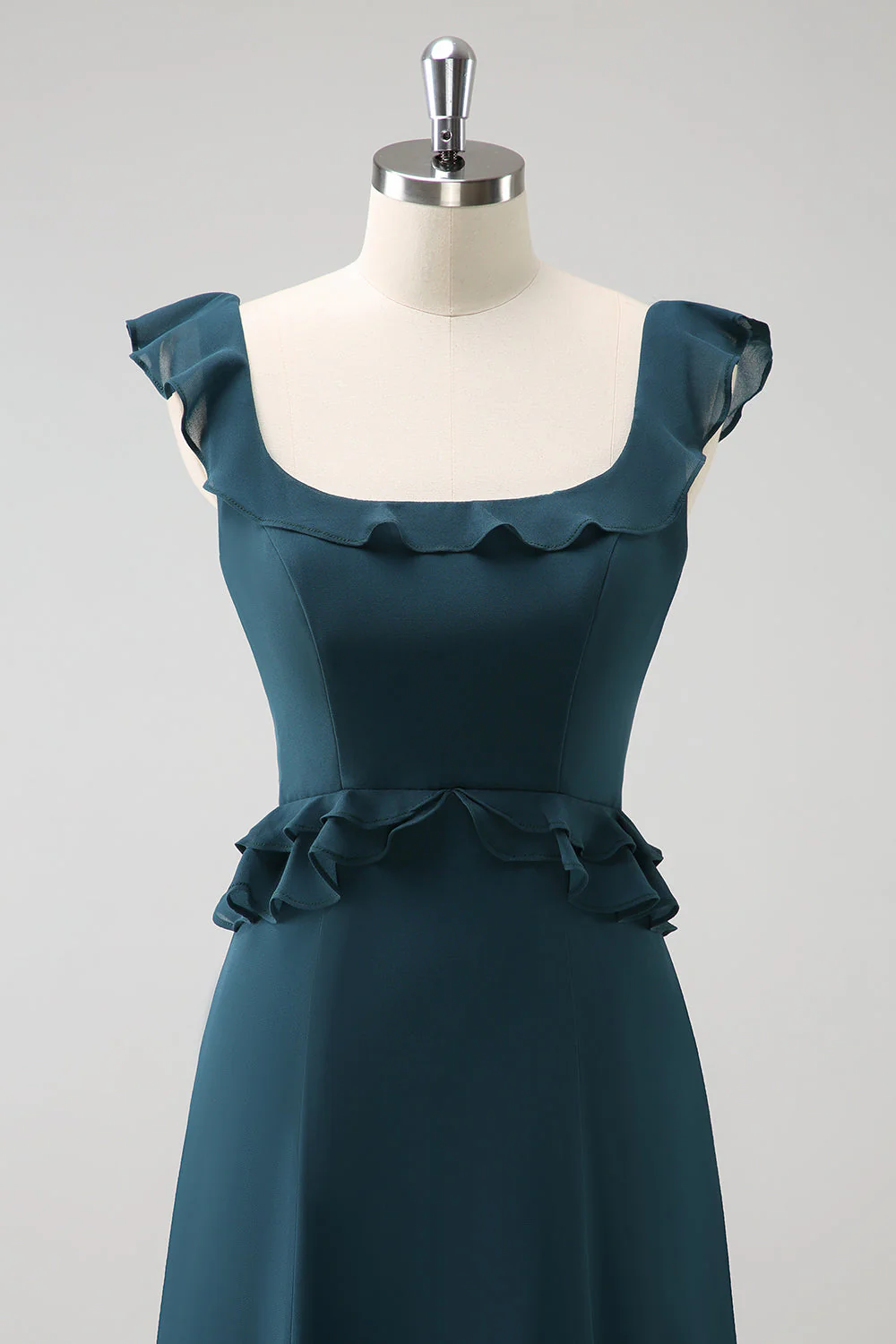 Robe de demoiselle d’honneur en mousseline de soie trapèze vert paon foncé - Image 4