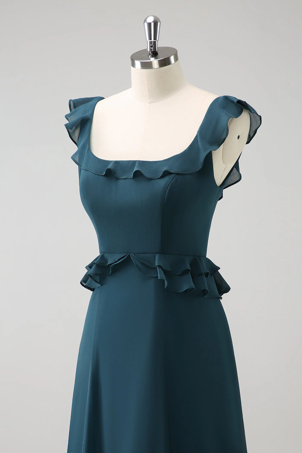 Robe de demoiselle d’honneur en mousseline de soie trapèze vert paon foncé - Image 5