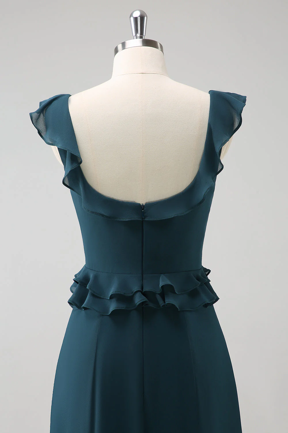 Robe de demoiselle d’honneur en mousseline de soie trapèze vert paon foncé - Image 6