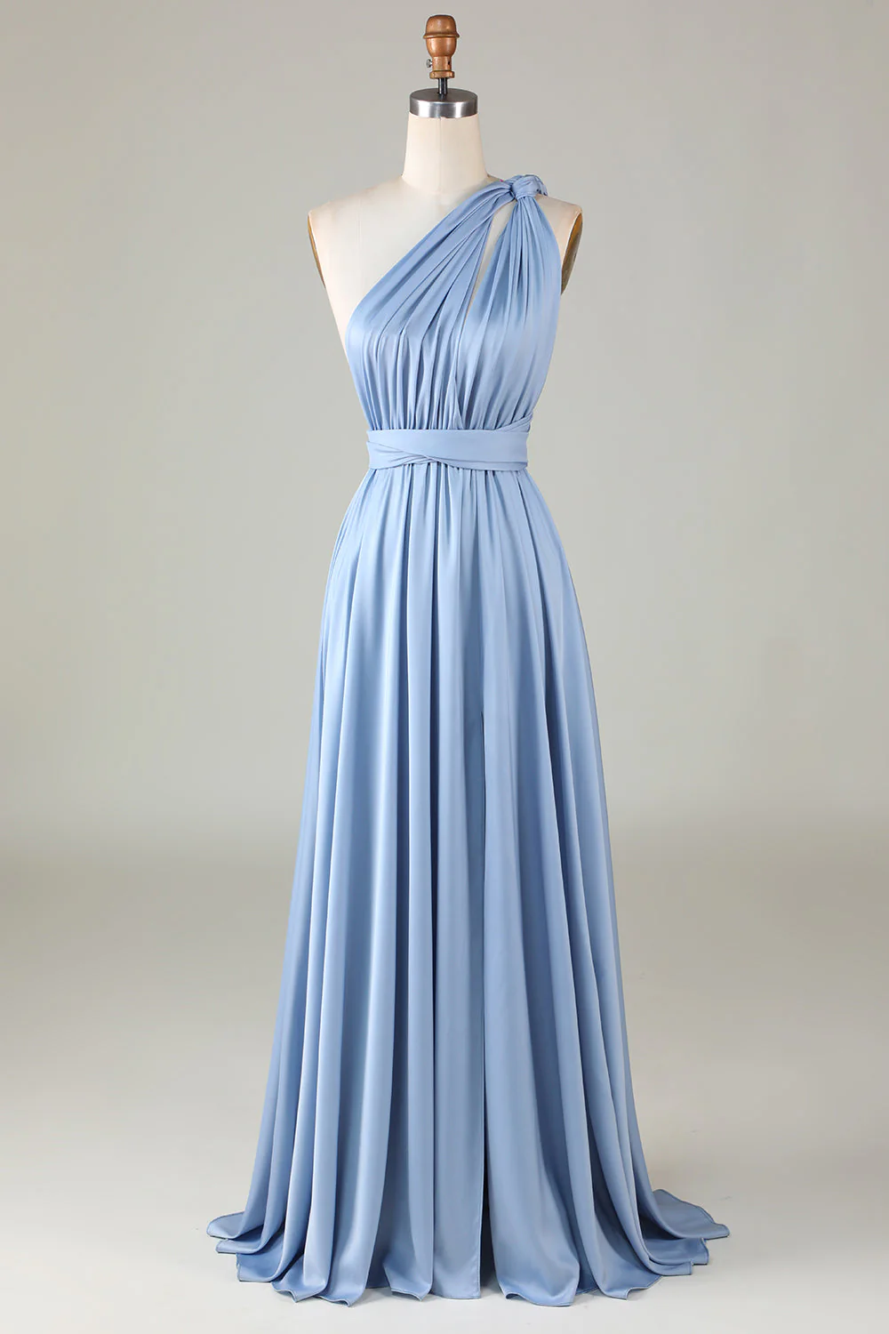 Robe de demoiselle d’honneur en satin bleu convertible avec fente - Image 10