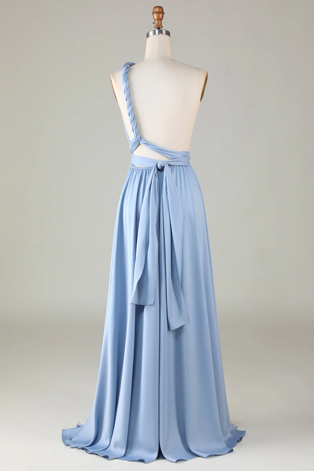 Robe de demoiselle d’honneur en satin bleu convertible avec fente - Image 11
