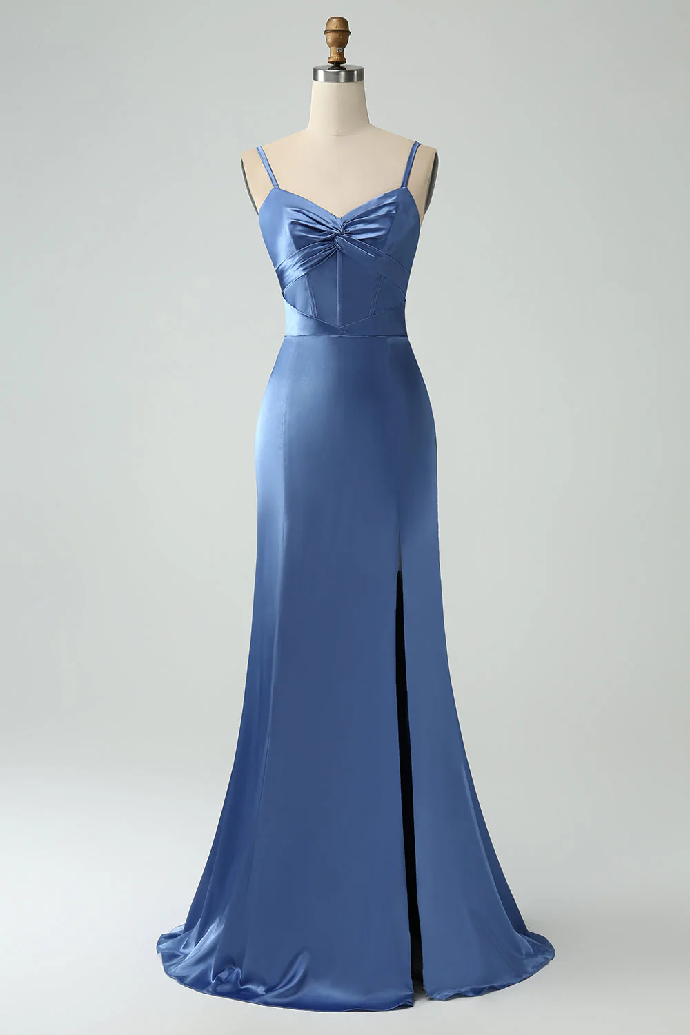 Robe de demoiselle d’honneur en satin longue à bretelles spaghetti sirène bleu gris avec fente