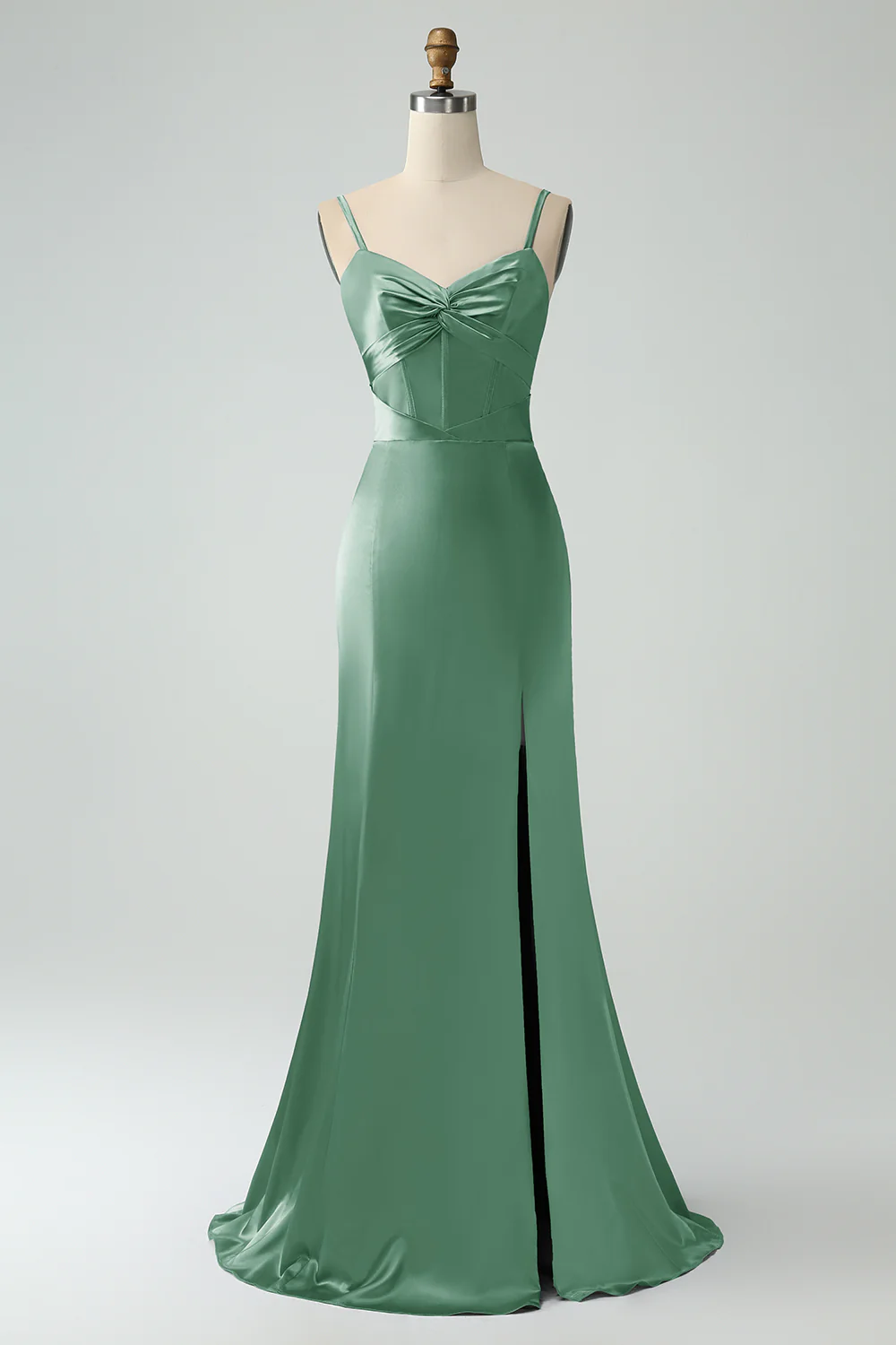 Robe de demoiselle d’honneur en satin longue à bretelles spaghetti sirène rose poussiéreuse avec fente - Image 3