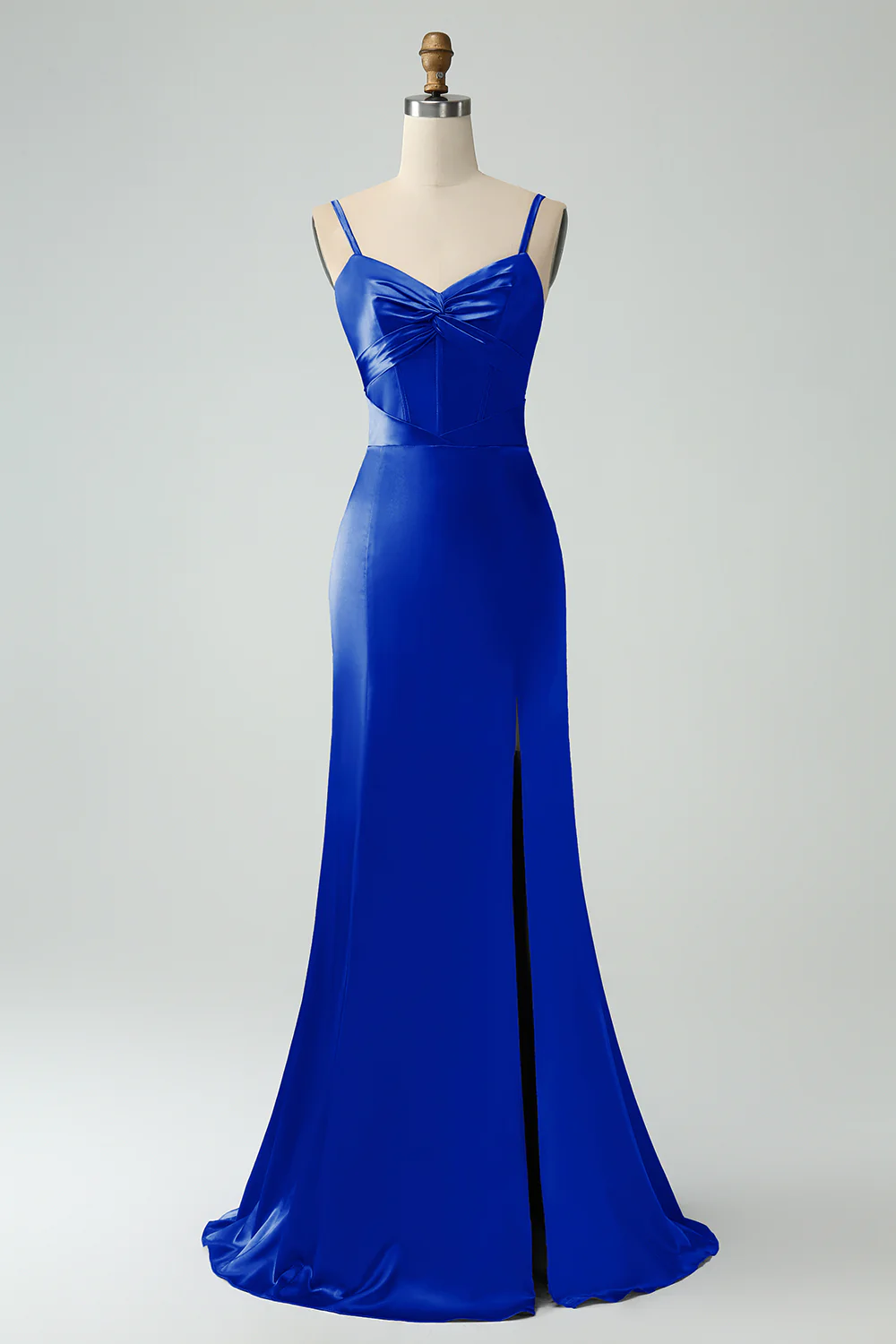 Robe de demoiselle d’honneur en satin longue à bretelles spaghetti sirène rose poussiéreuse avec fente - Image 5