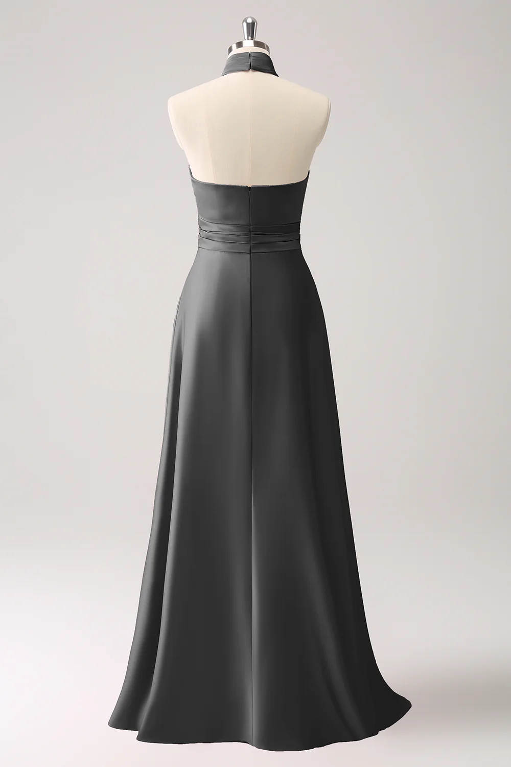 Robe de demoiselle d’honneur en satin trapèze rose avec fente - Image 7