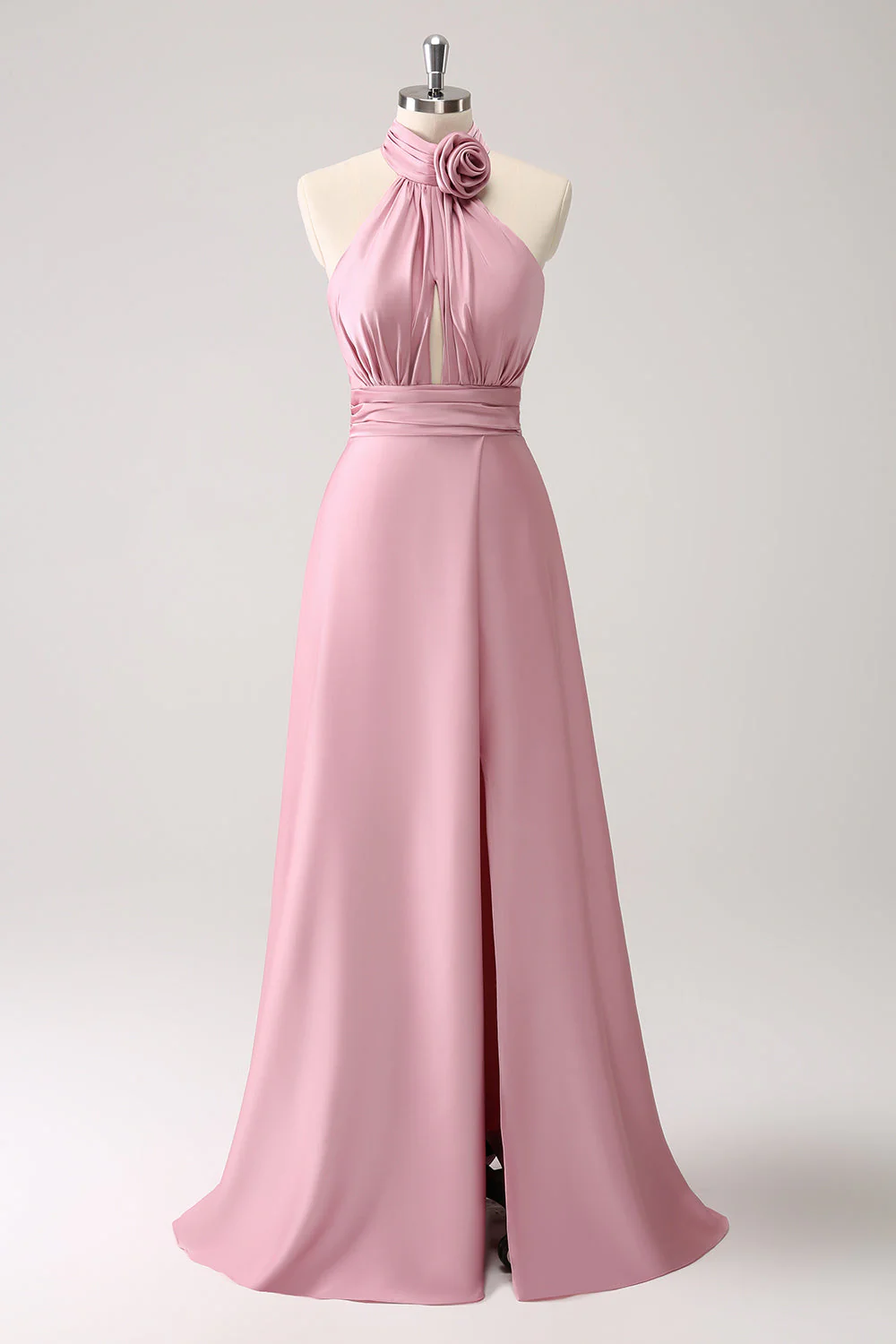 Robe de demoiselle d’honneur en satin trapèze Taupe avec fente - Image 11